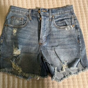 Distressed denim mom shorts